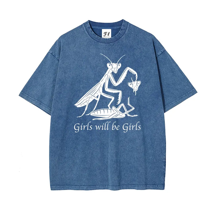 Mens Oversized Casual Graphic Tee - Unisex Vintage Washed 100% Soft Cotton Baggy Loose Top, Round Neck, Short Sleeve, "Girls Will Be Girls" Print, Mensfashion Retro Streetwear T-Shirt